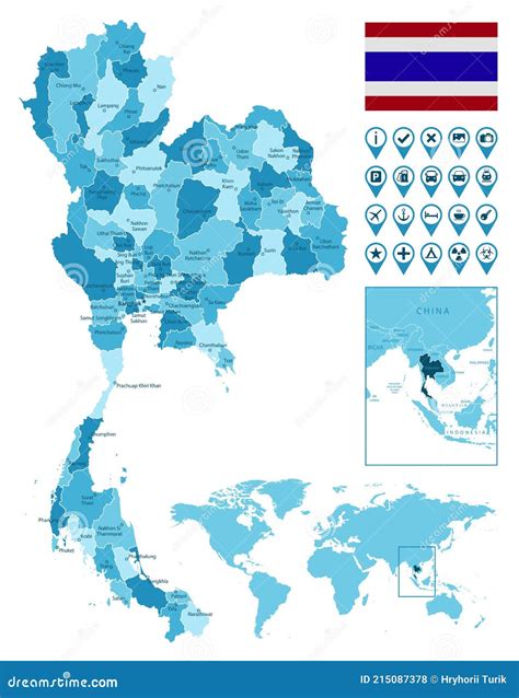 泰国详细行政蓝图，国旗和地点在世界地图上 向量例证 插画 包括有 商业 半球 领土 标记 格式 215087378