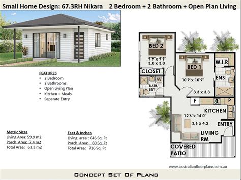 599m2 Or 646 Sq Foot Modern 2 Bedroom 2 Bathroom House Plansmall And