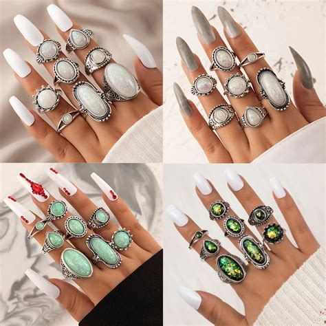 Docona Vintage Antique Silver Color Rings Sets Colorful Opal Crystal