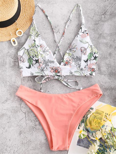 Zaful Flower Leaf Criss Cross Lace Up Bikini Swimsuit In Light Orange