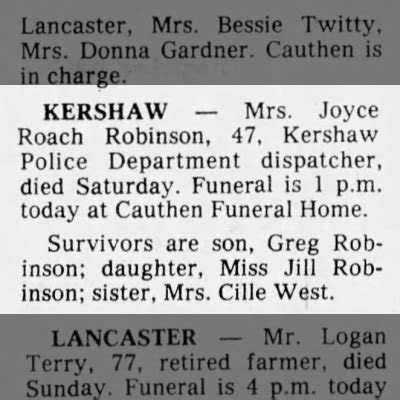 Obituary For Joyce Roach Kershaw Aged Newspapers