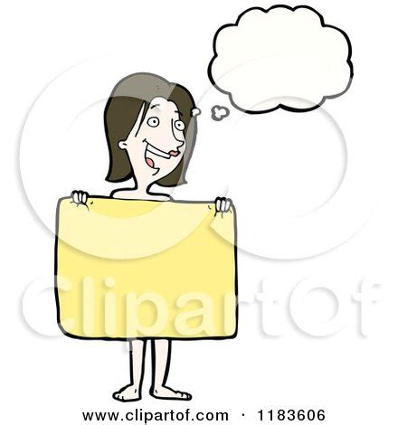 Cartoon Of A Naked Woman Holding A Towel Thinking Royalty Free Vector