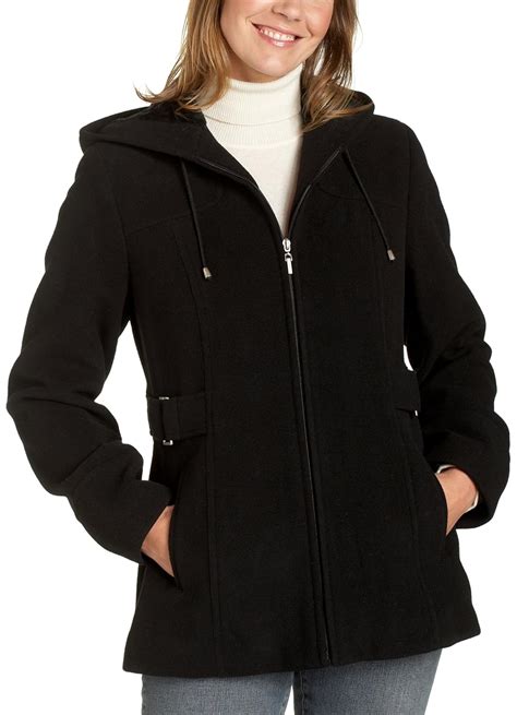 Fleet Street Women S Zip Front Short Wool Hooded Jacket Black Large Clothing