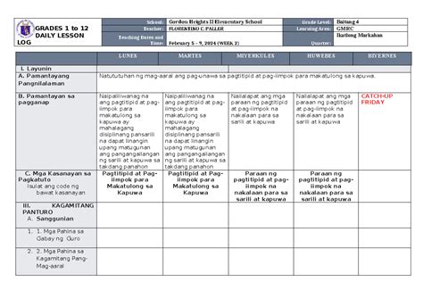 Dll Gmrc 4 Q3 W2 Matatag Grades 1 To 12 Daily Lesson Log School Gordon Heights Ii Elementary