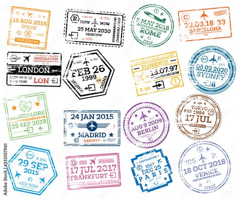 Collection Of Passport Stamps Isolated On White Vector Illustration