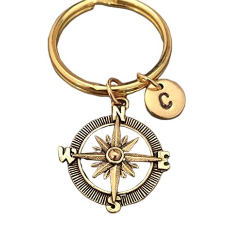 Compass Keychain Compass Charm Direction Keychain Personalized Keychain Initial