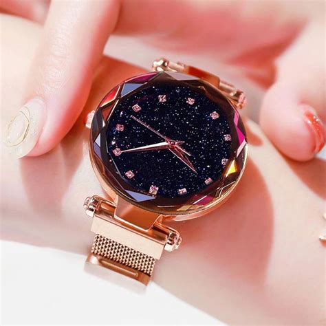 Top Brand Watches For Women Rose Gold Mesh Magnet Buckle Starry Quartz