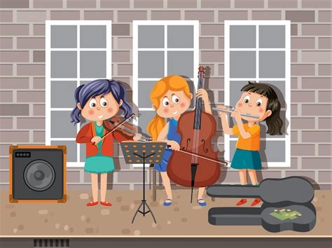 Banda de música para niños tocando instrumentos musicales Vector Premium