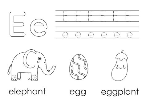 Aprender El Alfabeto Inglés Para Niños Letra E Libro Para Colorear Vector Premium