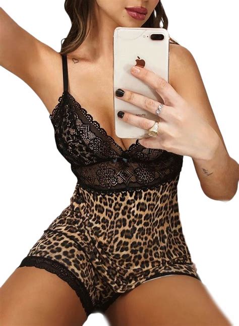 Corafritz Women Sexy Lingerie Deep V Neck Lace Leopard Waist Sheer