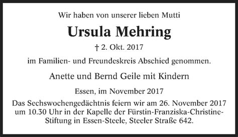 Traueranzeigen Von Ursula Mehring Trauer In NRW De