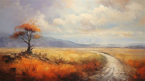 Majestic Oil Painting Of A Dirt Road And Tree Stock Illustration