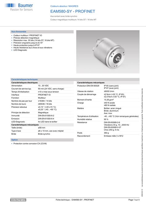 Baumer EAM580 SY PROFINET Absolute Encoder Fiche Technique Manualzz