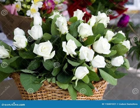 White Roses Close Up In The Basket A Bouquet Of Beautiful White Roses