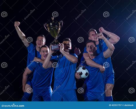 Soccer Players Celebrating Victory Stock Image Image Of Active Blue