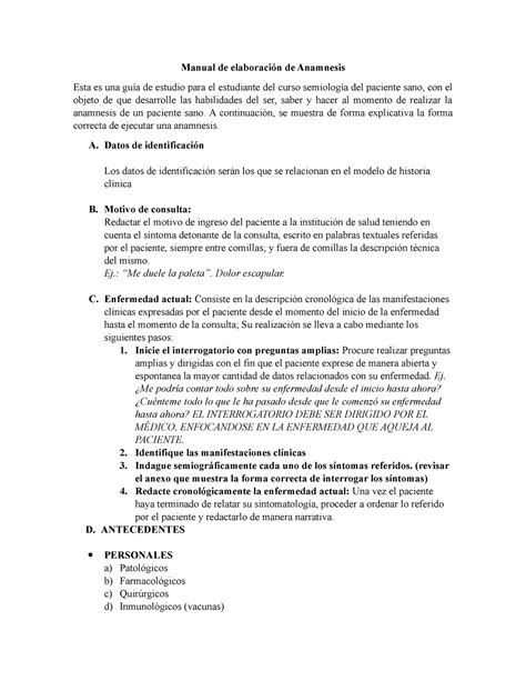 Manual de Anamnesis Apuntes Manual de elaboración de Anamnesis Esta