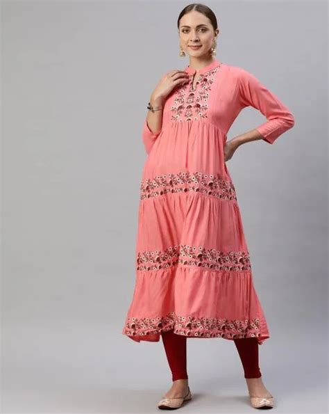 Buy Aarika Women S Gajri Color Embroidery Work Flaired Kurti Online At