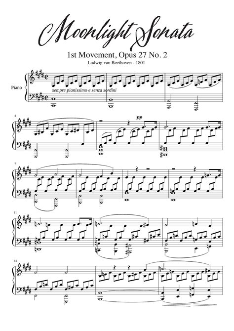 Moonlight Sonata 1st Movement By Beethoven Sheet Music For Piano Etsy En 2024 Partition