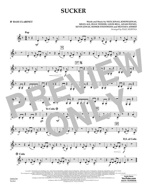 Sucker Arr Paul Murtha Bb Bass Clarinet By Jonas Brothers Sheet