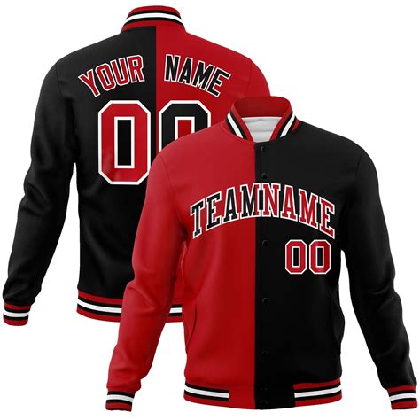 Custom Red Black Black Varsity Full Snap Letterman Two Tone Split Fash