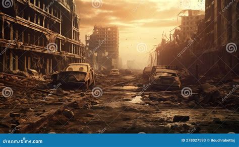 Desolate Post Apocalyptic City Skyline With Destroyed Buildings And