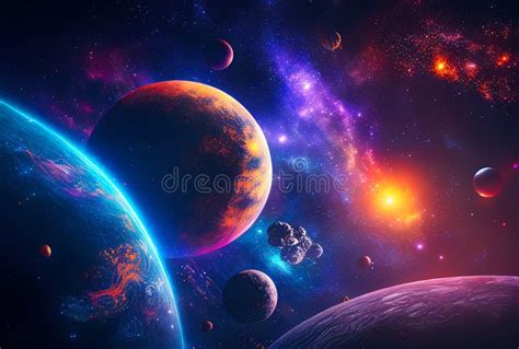 Paisaje Espacial Abstracto Con Planetas Y Destellos De Estrellas Y Cometas En Colores Azul Y