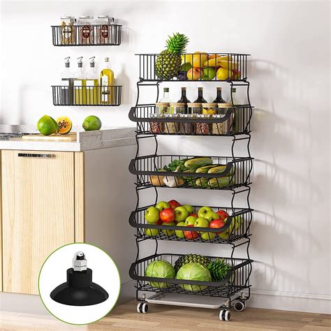 Stackable Metal Wire Basket Cart With Rolling Wheels 5 Tier Black