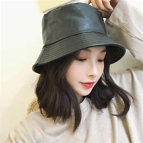 Aliexpress.com : Buy Fashion Unsex Black PU Leather Bucket Hats Women Wide Brim Leather Solid ...