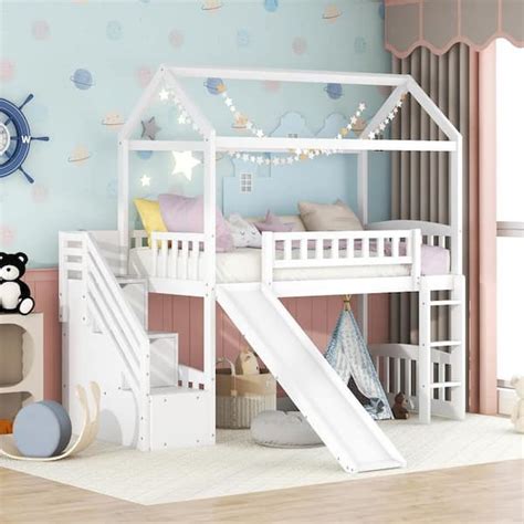 Reviews for URTR White Twin Loft Bed Frame with Slide and Storage ...