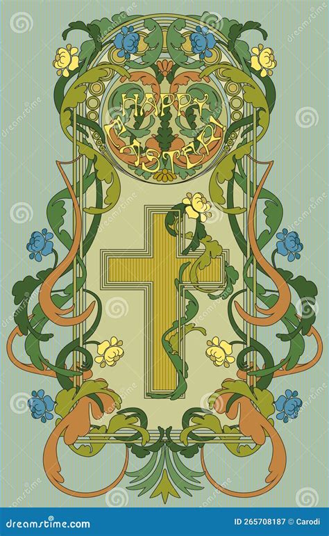 Happy Easter Floral Frame Vip Card In Art Nouveau Style Vector Stock