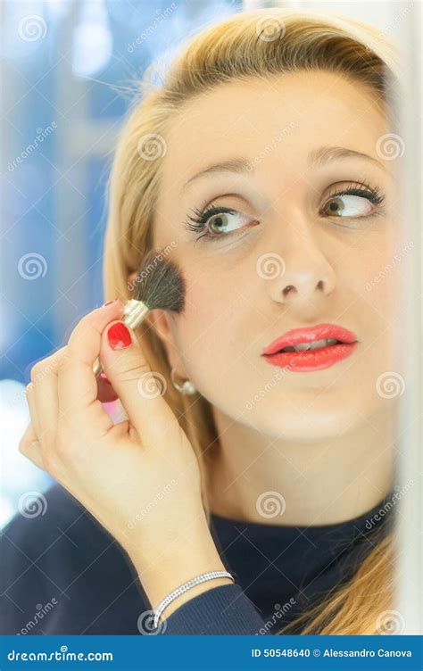 Woman Applying Makeup In The Mirror Stock Photo Image Of Interior