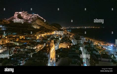 Alicante, Castle of Santa Barbara on Mount Benacantil at night Stock ...