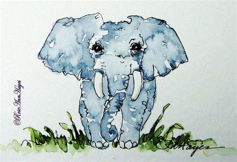 Baby Elephant Watercolor Painting Aceo By Roseann Hayes Prints Are