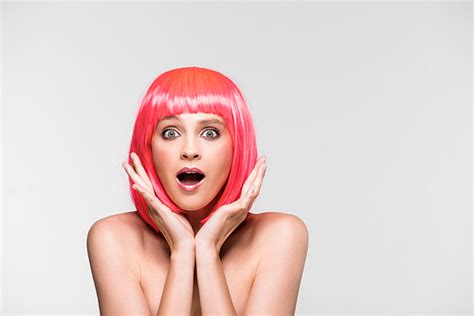 Shocked Nude Girl In Pink Wig Isolated On Grey