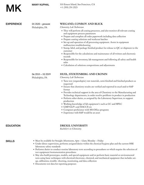 Chemistry Lab Technician Resume Samples Velvet Jobs