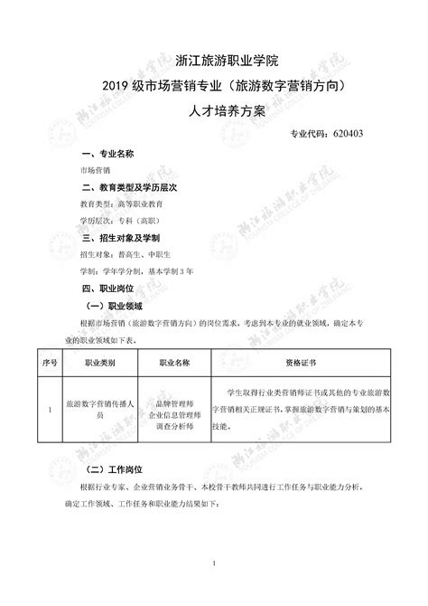 2019级市场营销专业旅游数字营销方向）人才培养方案 浙江旅游职业学院