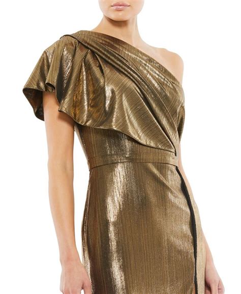 Mac Duggal Womens Ieena Ruffled One Shoulder Metallic Evening Gown