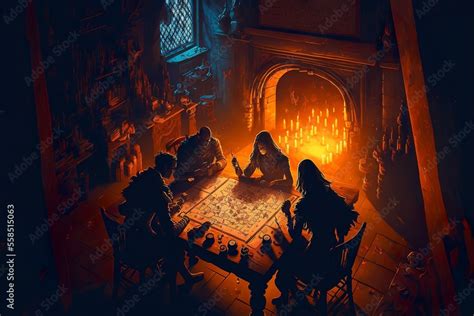 Roleplaying Scenery In Fantasy Dungeon Interior With Characters Playing