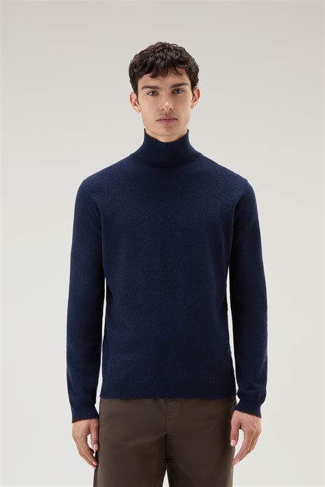 Men S Turtleneck Sweater In Merino Wool Blend Blue Woolrich Usa