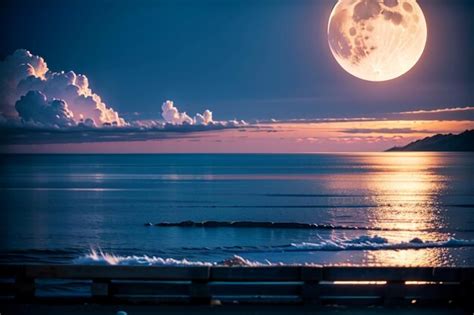 Una luna llena sobre el océano con una playa y un océano al fondo