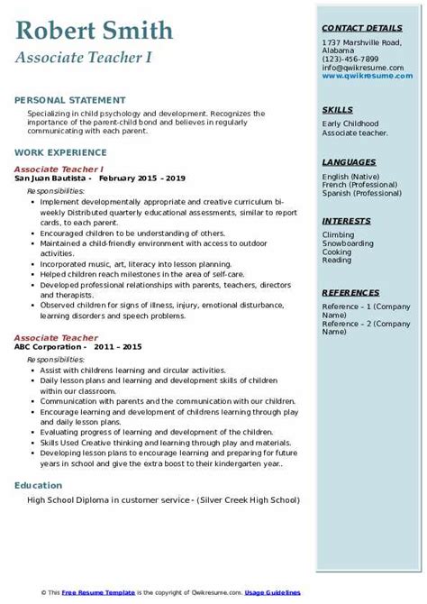 Associate Teacher Resume Samples Qwikresume