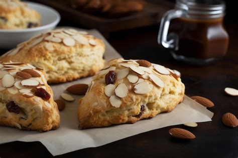 Tres Bollos Con Almendras Y Almendras Se Sientan En Una Mesa Foto