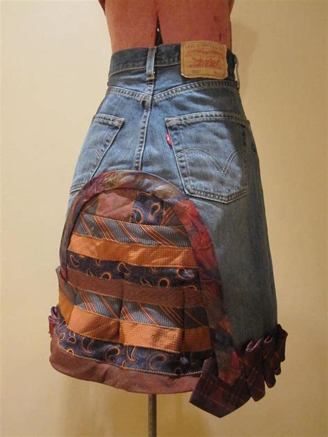 Repurposed Denim And Neckties Skirt Made From Upcycled Jeans And Mens