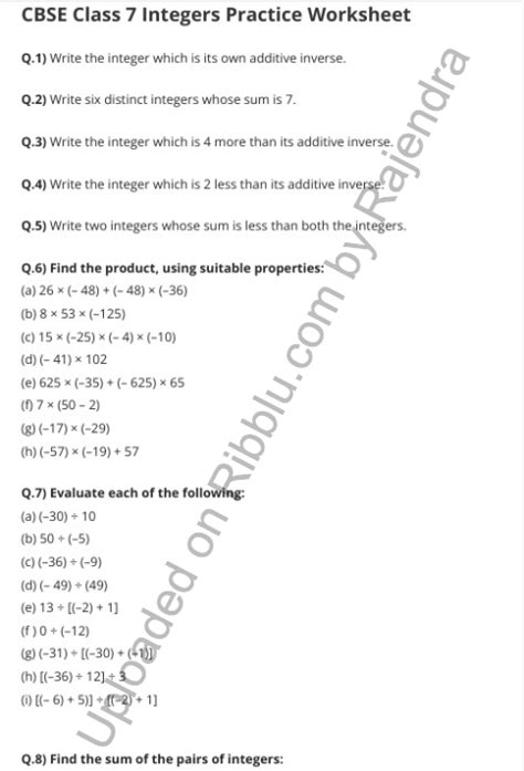 Integers Worksheet For Class Maths Chapter