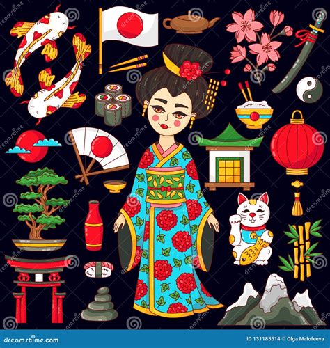 Japan Doodle Cartoon Icons Set Stock Vector Illustration Of Japanese