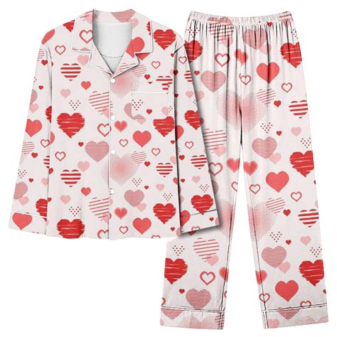 Poteti Valentines Day Pj Set Women Notch Collar Heart Print Pajamas