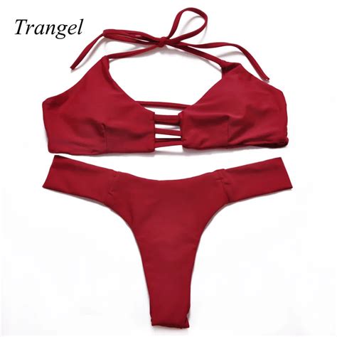 Sexy Wine Red Strappy Lady Bikini Swimsuit Swimwear Padded Halter