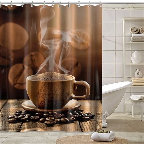 Premium Coffee Shop Theme Shower Curtain With Realistic Landscapes And