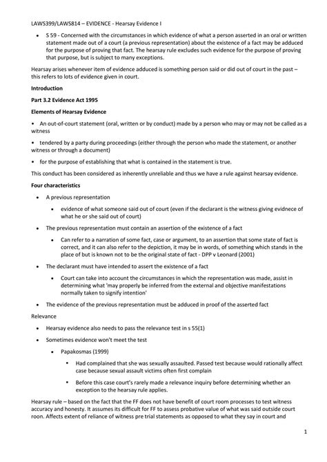 Detailed Notes For Hearsay Evidence Laws3400 Evidence Mq Thinkswap