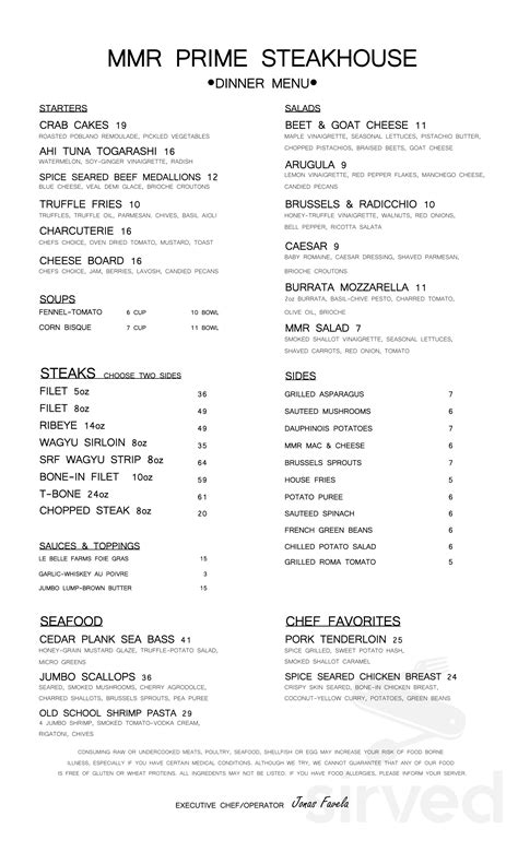 Mmr Prime Steakhouse Menu In Oklahoma City Oklahoma Usa